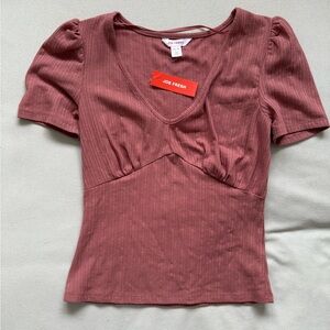 Joe Fresh Women's Mauve Ribbed V-Neck Puff Sleeve Top